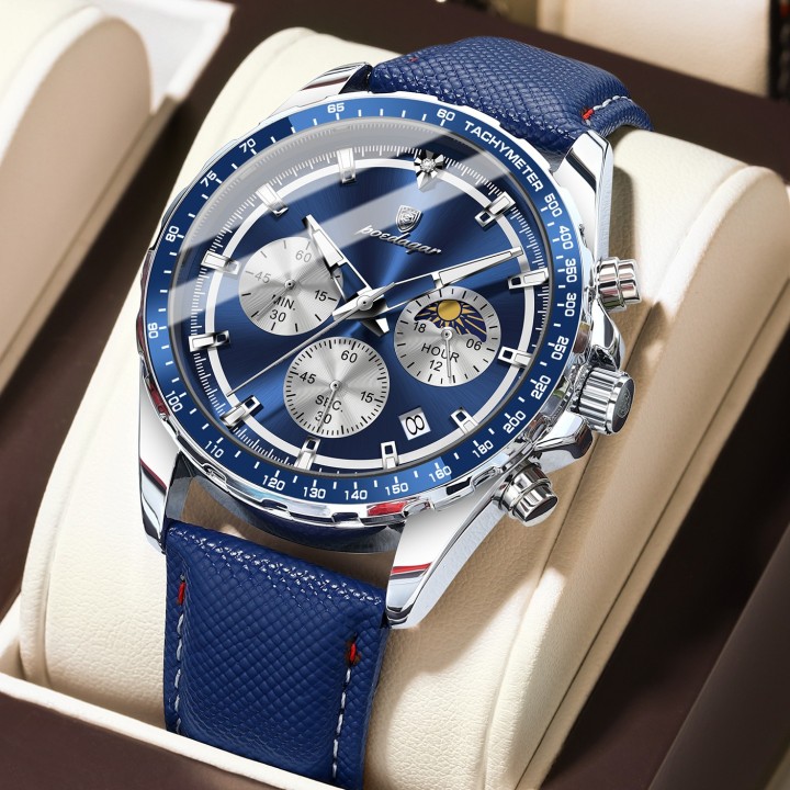 Montre à quartz en cuir véritable Poedagar Montre-bracelet de sport lumineuse étanche pour hommes